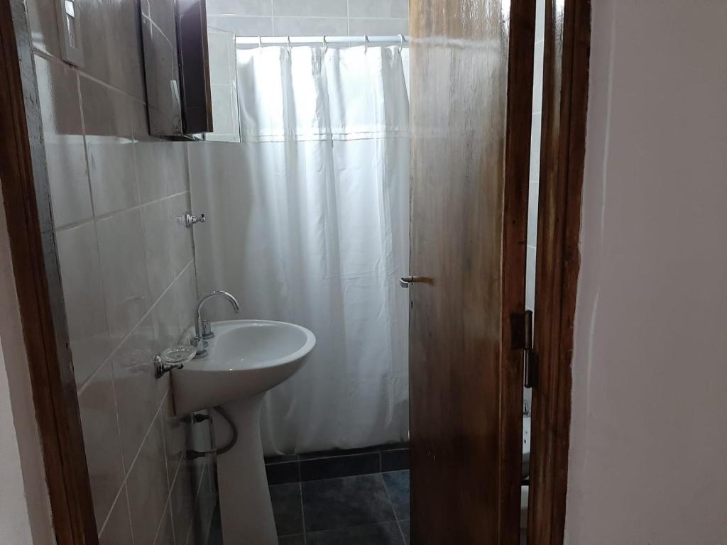 马拉圭Eduardo的一间带水槽和淋浴帘的浴室