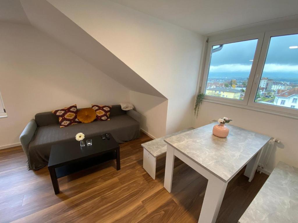 阿尔邦Apartment Seeblick in Arbon von Swisspartments的客厅配有沙发和桌子