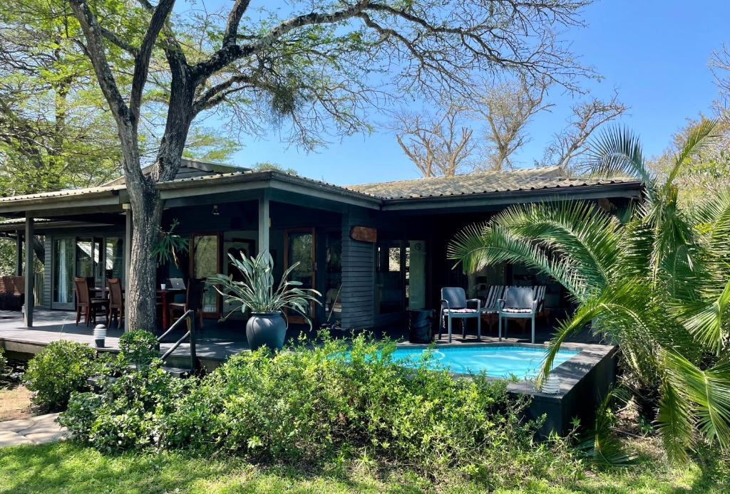 赫卢赫卢韦Imani Bush House & Silver Sky Chalet的庭院中带游泳池的房子