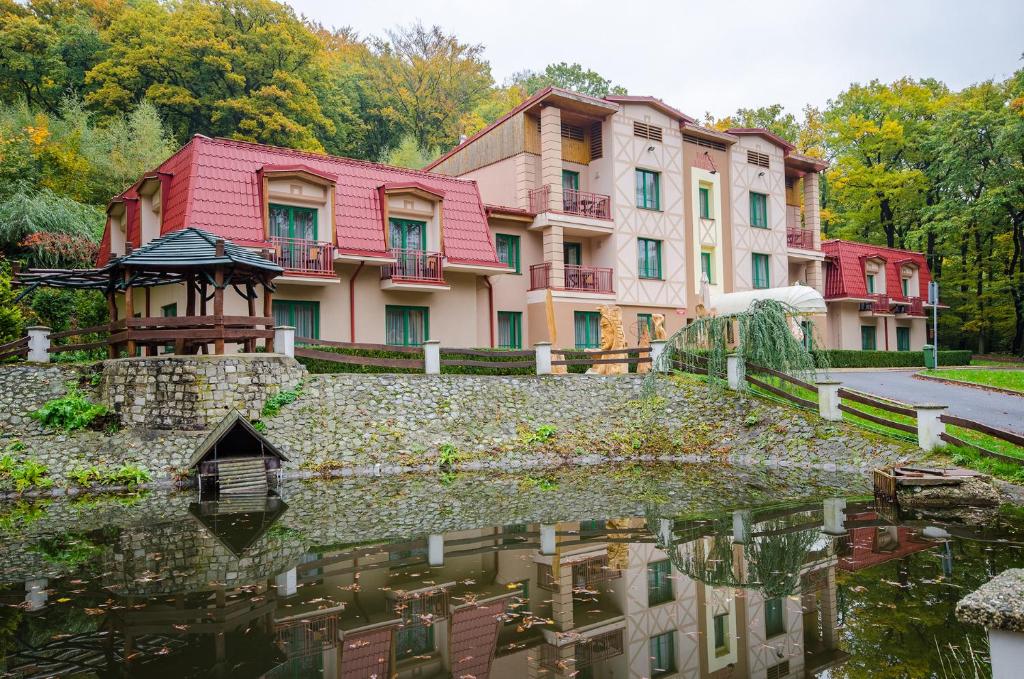 利特威诺夫劳茨基酒店的前面有池塘的建筑