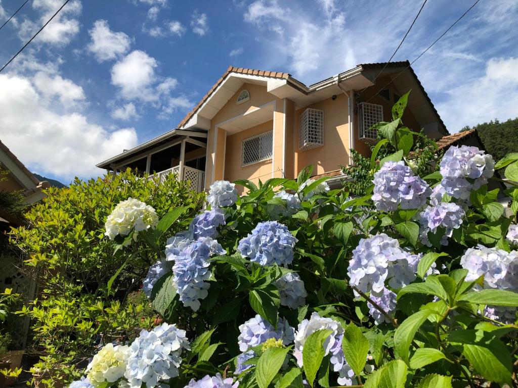 富士河口湖休闲别墅的前面有蓝色和白色花的房子