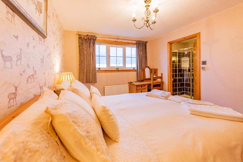 PaibleBenview Bed and Breakfast & Luxury Lodge, Isle of North Uist的卧室配有带枕头的大型白色床