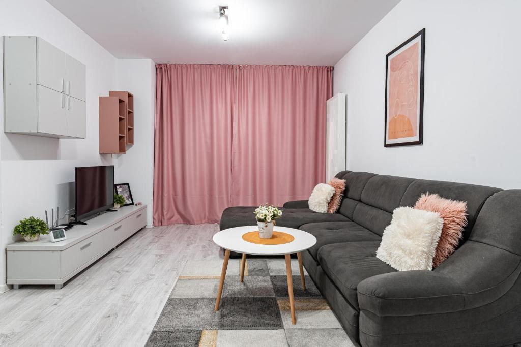布拉索夫ONE Apartment的客厅配有沙发和桌子
