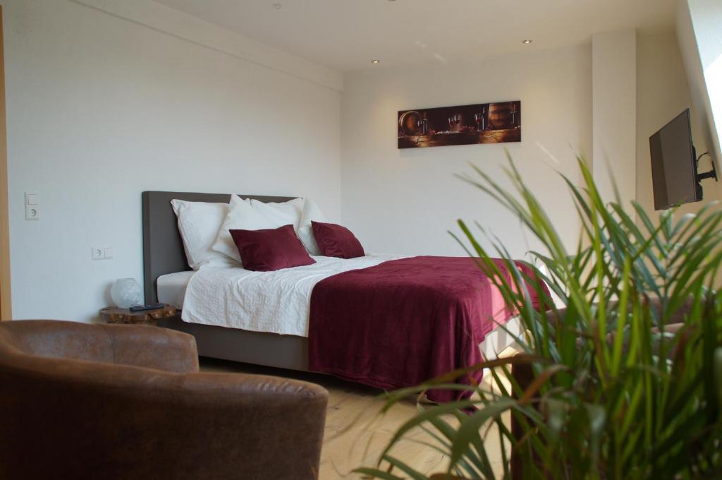 海特斯海姆Privatweingut Schmidt的一间卧室配有红色和白色枕头的床