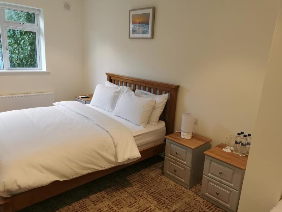 多基Coliemore Acommodation Dalkey的一间卧室配有白色床单和2个床头柜