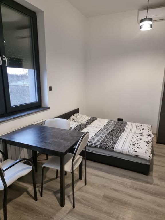 库特诺Noclegi 24/h Leszczynek的卧室配有一张床和一张桌子及椅子