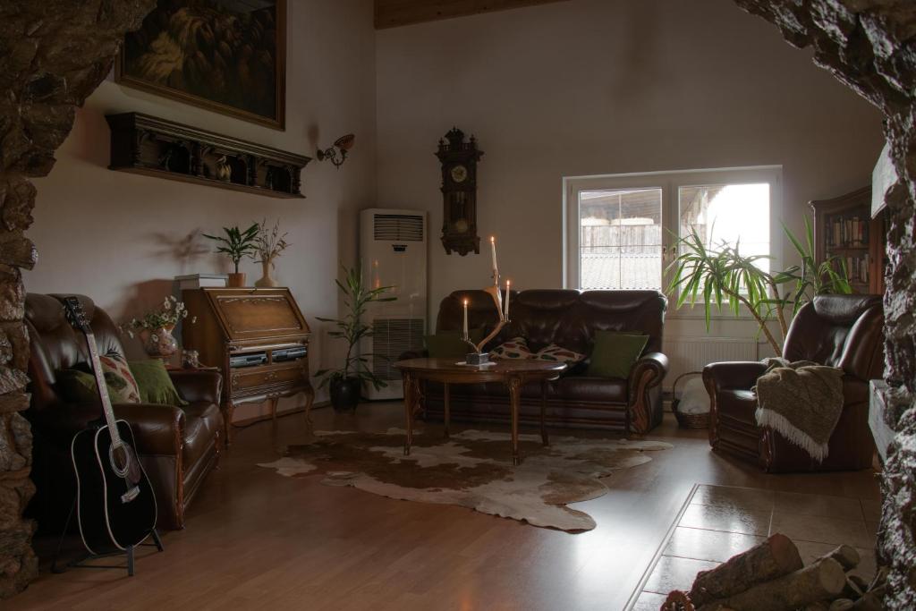 杜布罗夫尼克Ranch Kamovci21的客厅配有皮革家具和桌子