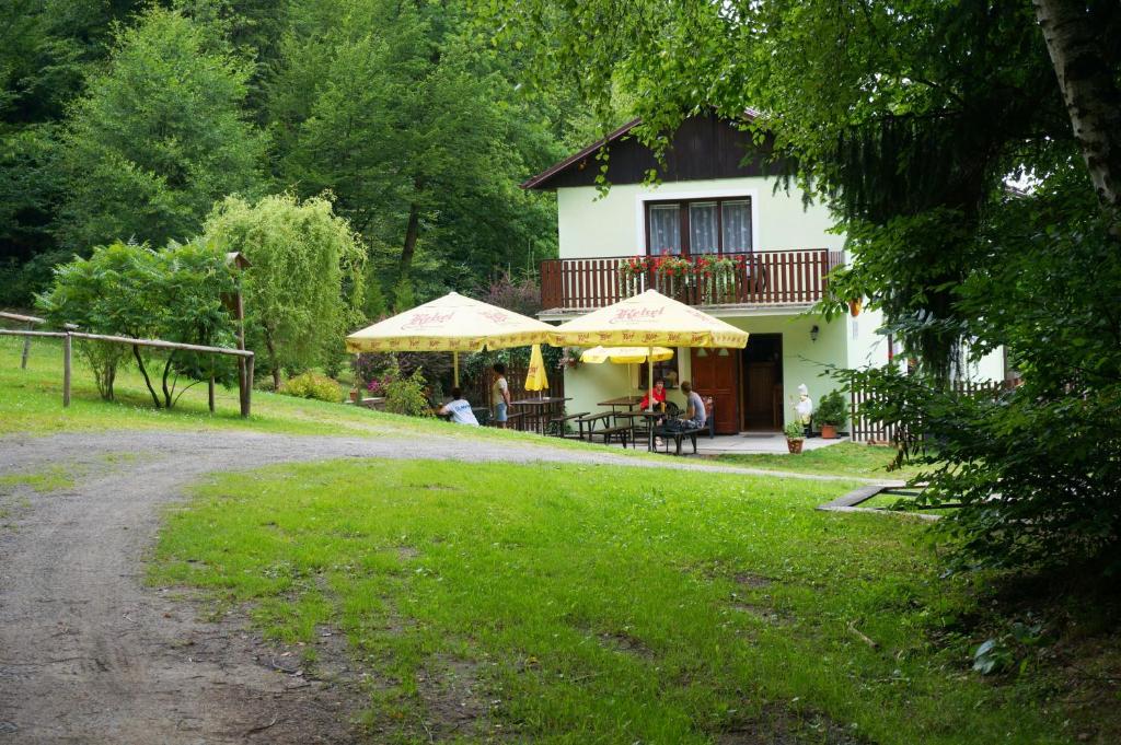 TrpišovicePension U Štěpánků的前面有桌子和遮阳伞的房子