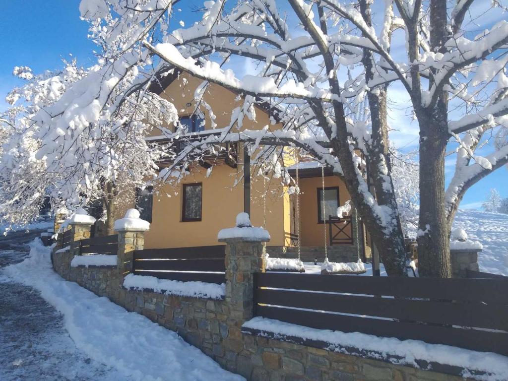 PodgorodtsyСадиба Лісова的围栏前的雪覆盖的房子
