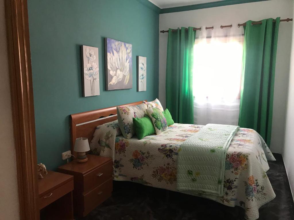 Las MercedesLa Casita de Omar en el corazón de Anaga y La Laguna的一间卧室设有一张带绿色墙壁和窗户的床。