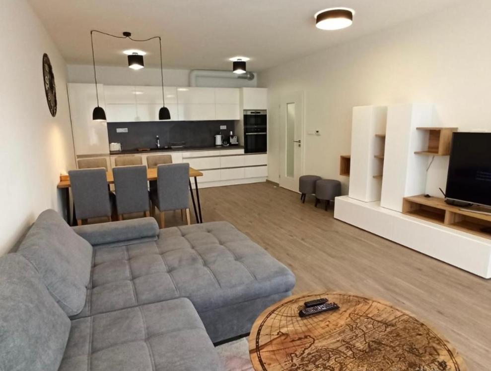 伏尔塔瓦河畔利普诺Lipno Port Apartment A103的客厅配有沙发和桌子