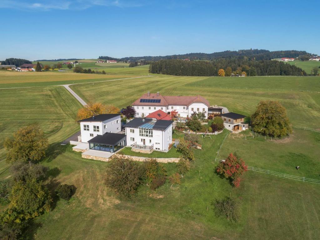 NiederwaldkirchenFerienhof Neundlinger的田野上大房子的空中景观