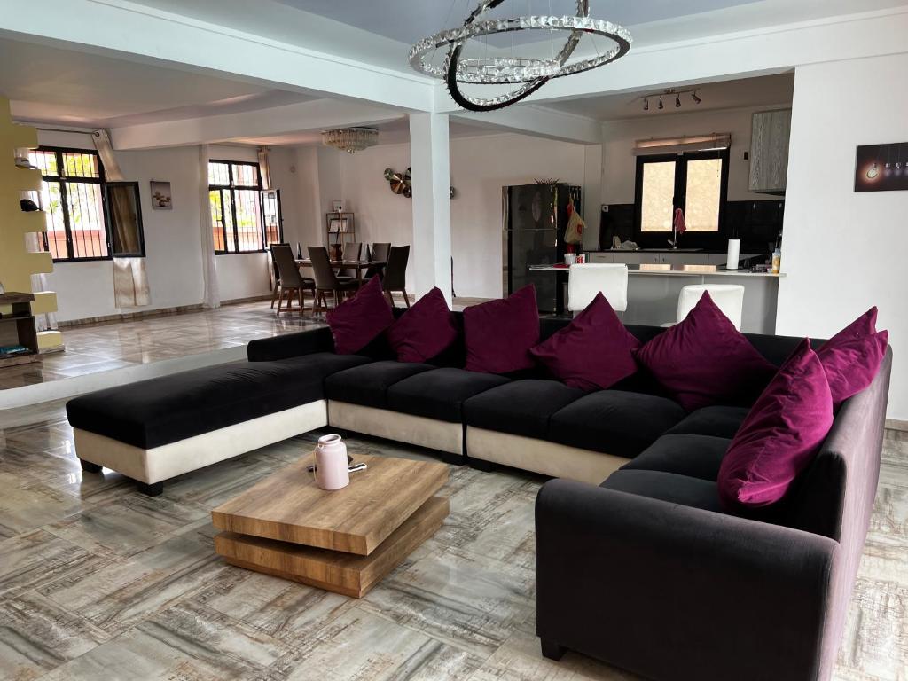 潘托皮芒Villa Annjo的客厅配有黑色沙发和紫色枕头