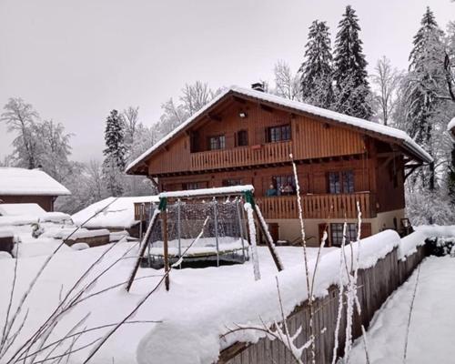 莫里永Chalet Esprit的雪覆盖的房子,有秋千