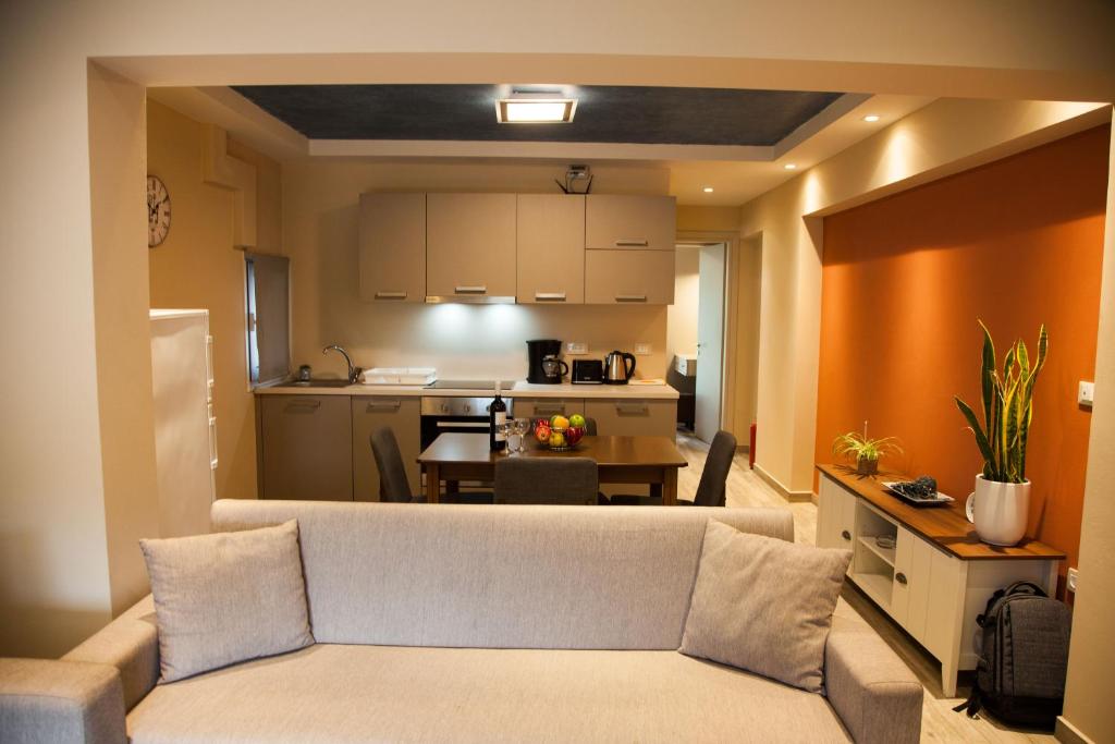 斯沃伦塔Paporas Apartments的带沙发的客厅和厨房