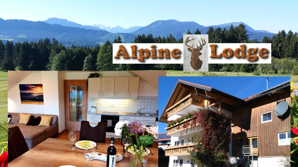 韦尔塔赫Alpine Lodge Wertach的客厅和高山小屋的照片拼合在一起