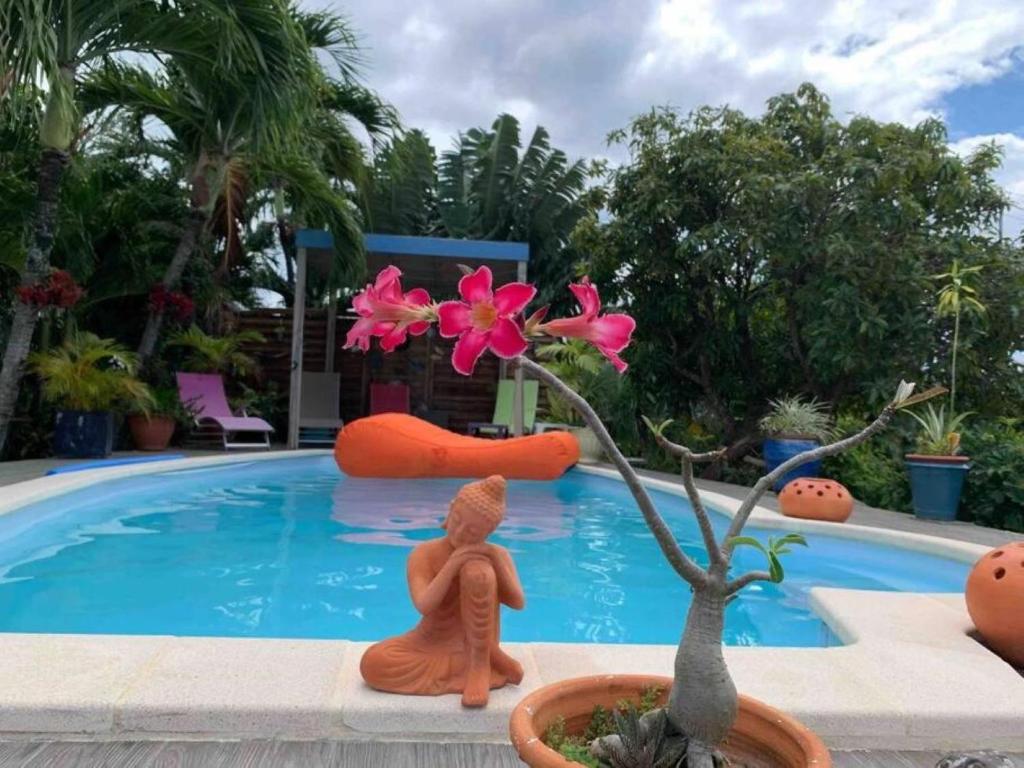 德赛La villa ô plaisir的坐在游泳池旁花朵旁的一对夫妇