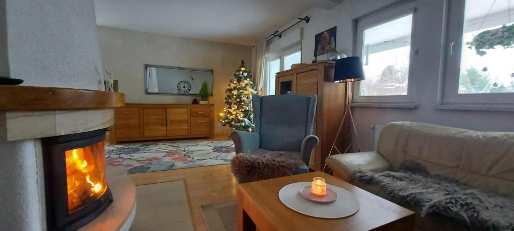 文盖尔斯卡－古尔卡Lawendowe Wzgórze 21的客厅设有壁炉和圣诞树