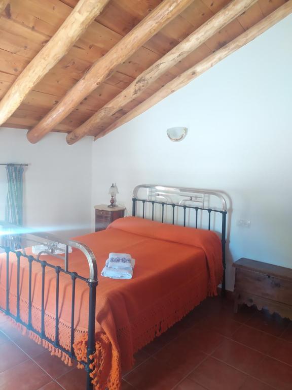 El CerezoCasa Rural El Cortijo Nuevo, en El Cerezo的一间卧室配有一张带橙色床罩的床