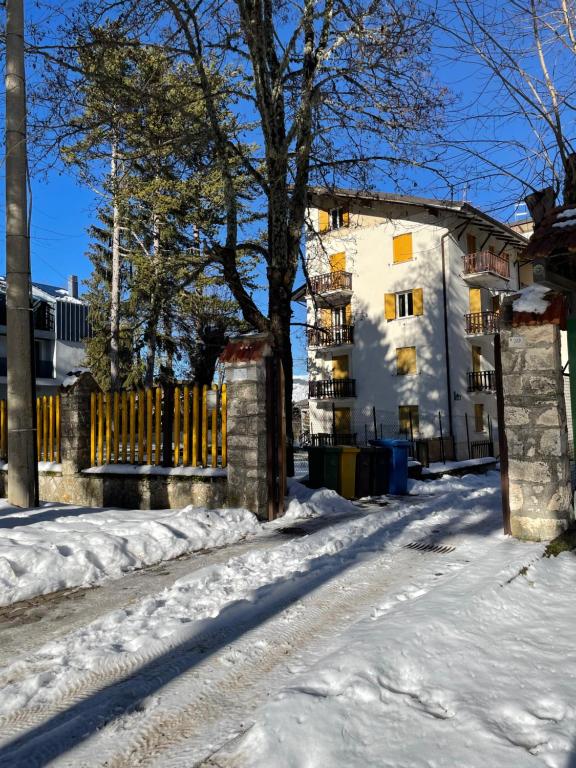 罗卡拉索Roccaraso Inn Blu的一条有栅栏和建筑物的雪覆盖的街道