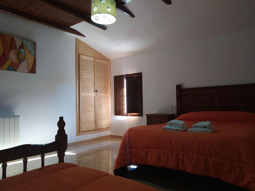 卡斯特里尔Cortijos Rurales Castril, El Casto的一间卧室设有两张床和窗户。