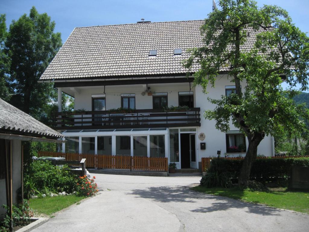 博希尼Guest House Žnidar的前面有一棵树的大白色房子