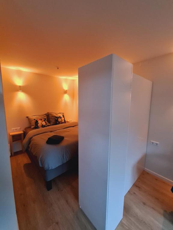 巴恩Studio Baarn with patio, airco, pantry, bedroom, bathroom, privacy - Amsterdam, Utrecht的一间卧室配有床和白色橱柜