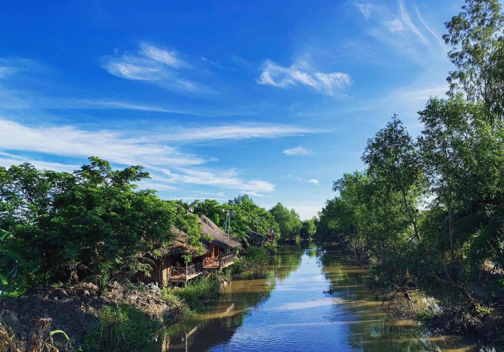 芹苴Hometravel Mekong Can Tho的一条有树木和房子的河