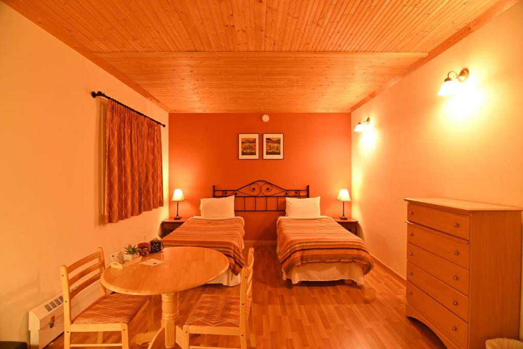怀特霍斯Kaleido Lodge Yukon的一间卧室配有两张床和一张桌子