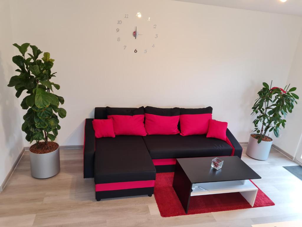 维利希Ferienwohnung / Messeunterkunft的客厅配有黑色沙发和粉红色枕头。