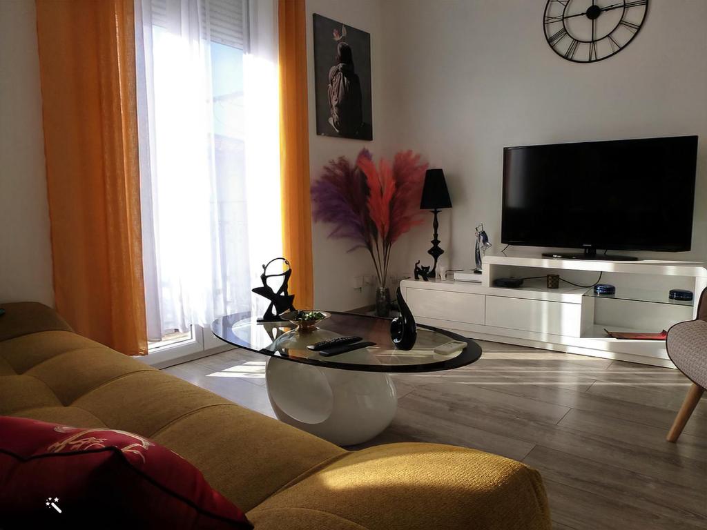 佩皮尼昂Chic et douillet的带沙发、桌子和电视的客厅