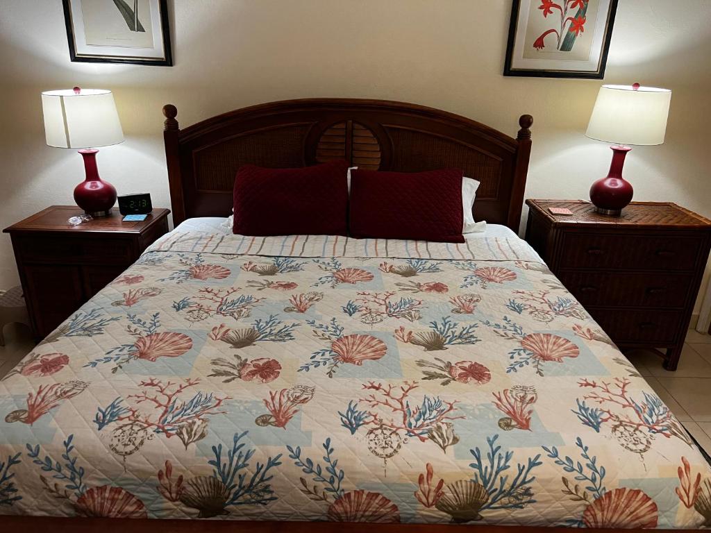 克里斯琴斯特德Sweet Serenity St Croix USVI的一间卧室配有一张带花卉床罩和两盏灯的床。