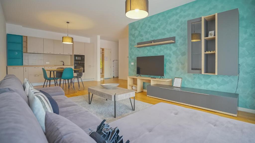 布拉索夫HVA Premium Apartments的带沙发和桌子的客厅以及厨房。