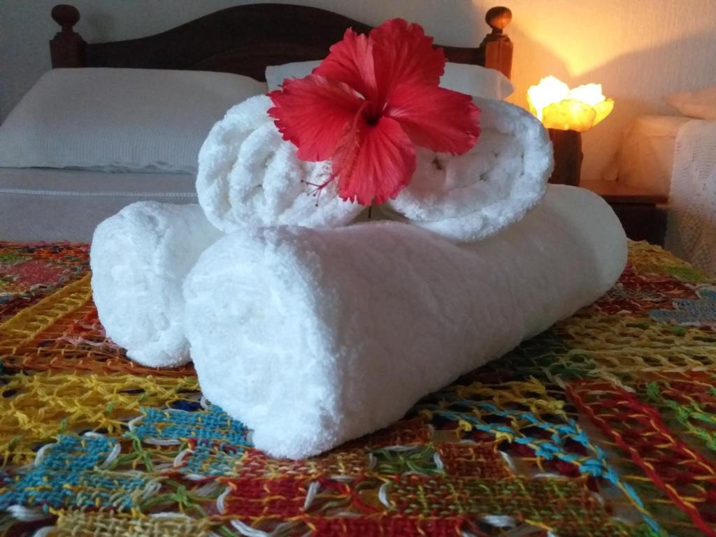 费尔南多 - 迪诺罗尼亚Bangalô completo, amplo, funcional e confortável.的床上有红花的毛巾动物