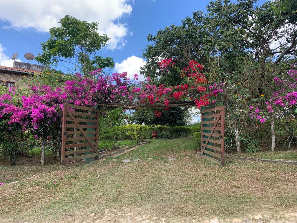 瓜拉米兰加Sítio São Gerardo - Aconchegante casa no campo.的木门上种有粉红色花的花园