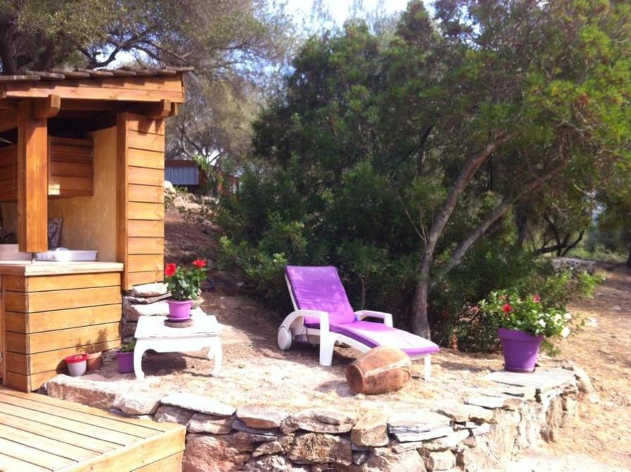 圣弗洛朗Bergerie tout confort L'immortelle的小木屋旁的紫色椅子