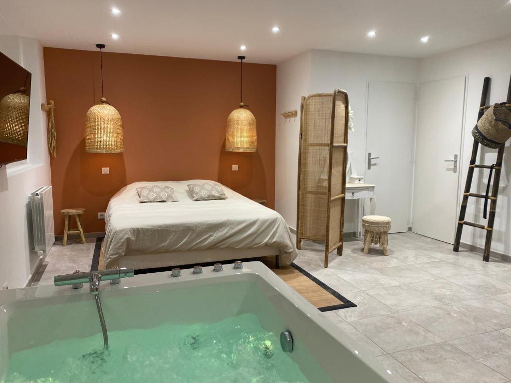 圣艾蒂安Studio cosy avec balnéothérapie的卧室配有床和浴缸