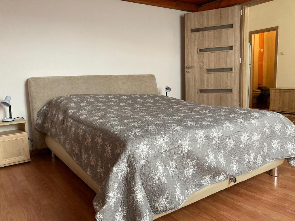 埃格尔Széchenyi Apartman的卧室配有带灰色棉被的床