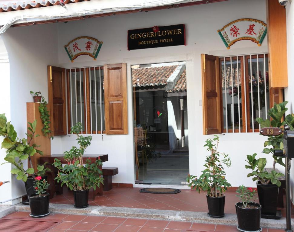 马六甲金杰弗劳尔精品酒店的盆栽植物屋的前门