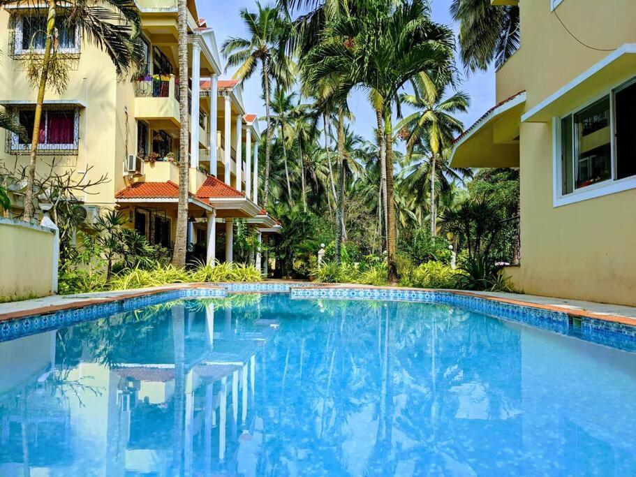 达波林Tangerine Stay - Friends & Family 4BHK Villa, Goa的棕榈树建筑前的游泳池