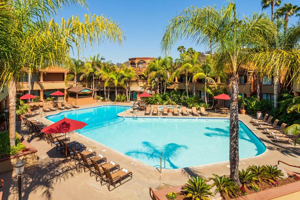 圣地亚哥汉德利圣地亚哥酒店的棕榈树和遮阳伞度假村的游泳池