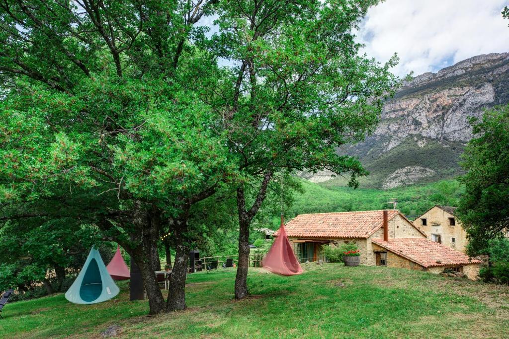 FosadoCasas Rurales Molinias的树旁田野上的一组帐篷