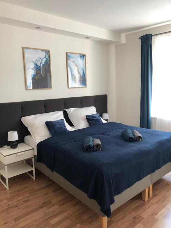KrásnoPenzion Nový Svět的一间卧室配有一张大床,提供蓝色的床单和枕头