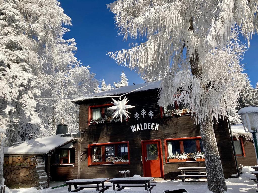 奥泊维森塔尔Waldeck Oberwiesenthal的一座被雪覆盖的建筑,前面设有长凳