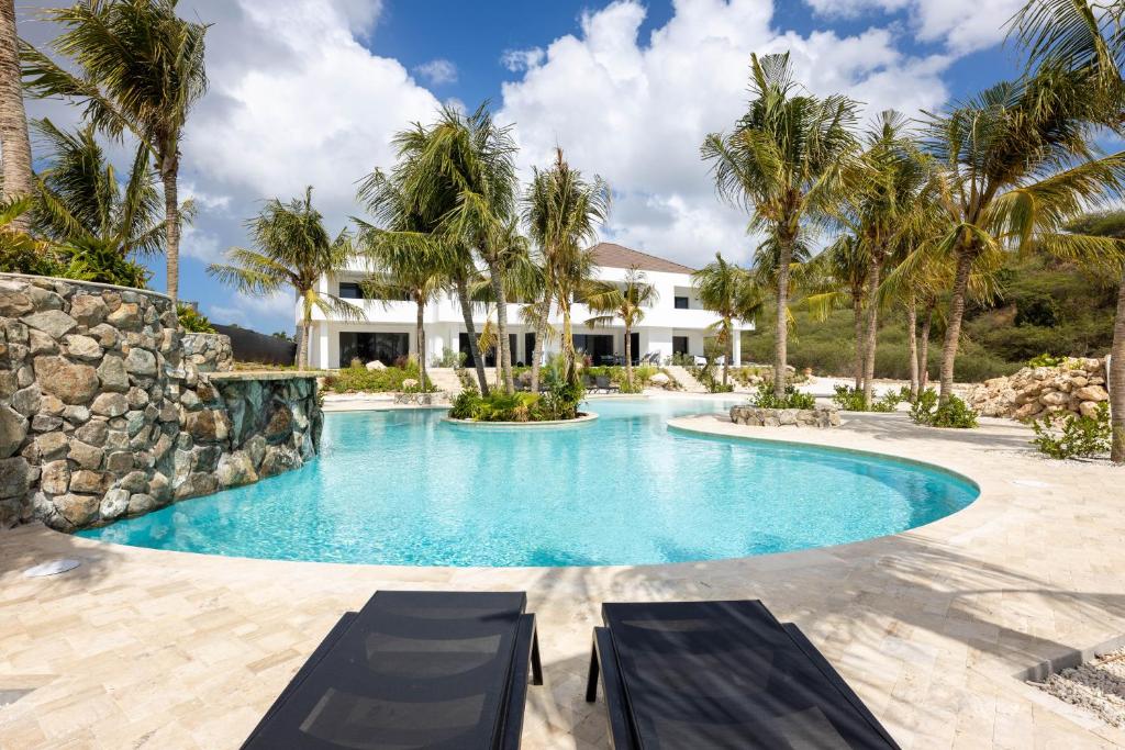 威廉斯塔德The Reef - Blue Bay Golf & Beach Resort的一座别墅前方的棕榈树游泳池