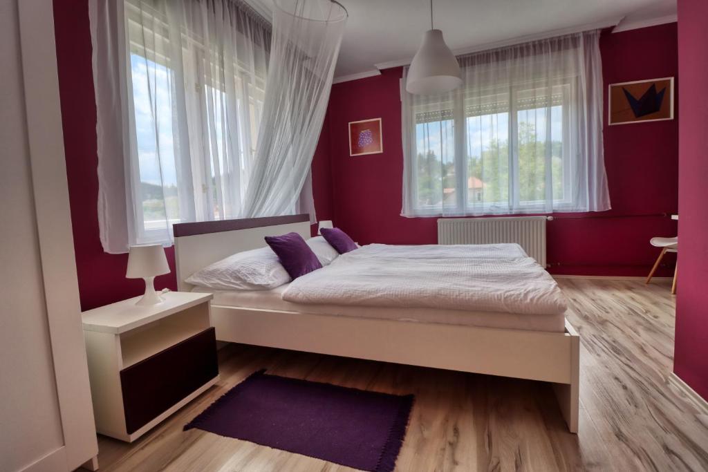 比克克塞克Vincze Villa Vendégház的一间卧室配有一张紫色墙壁和窗户的床