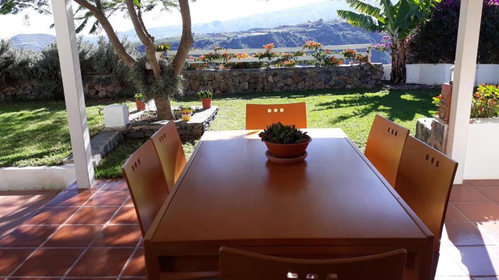 TafiraCasa cueva Bandama con jacuzzi的美景庭院里的木桌和椅子