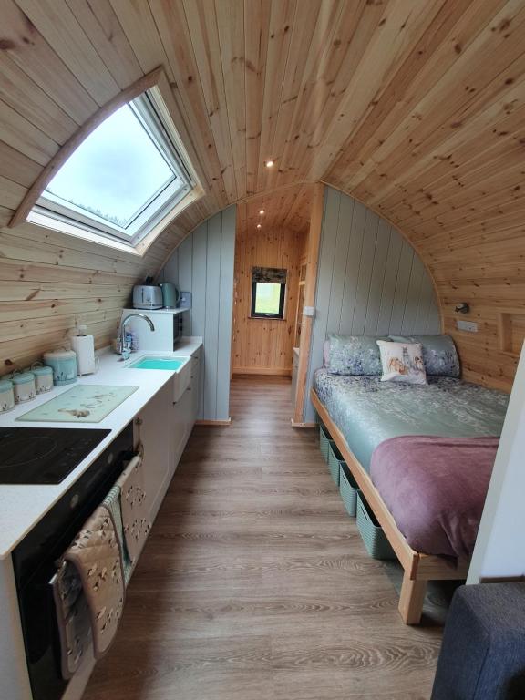 奥克尼Lilly's Lodges Orkney Robin Lodge的小屋内带床和厨房的房间