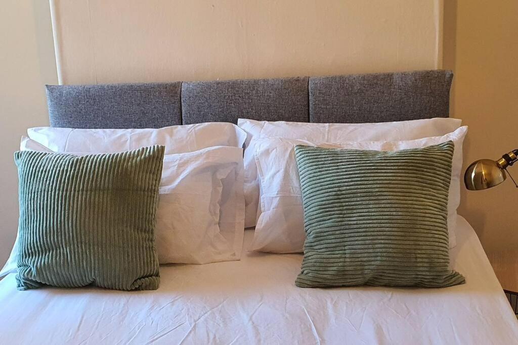 FentonThe Fenton Lodge的一张带两个枕头和两个绿色和白色枕头的床