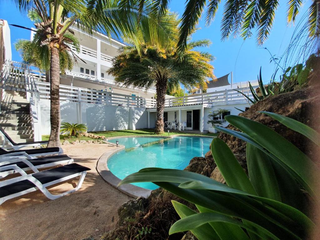 简蒂埃尔STUDIO S at JAN THIEL Curacao的一座拥有游泳池和棕榈树的酒店